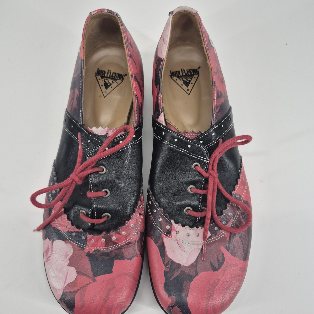 John Fluevog Erika Brogued Oxford Red Black Pink Leather Size 8.5 - Picture 5 of 16